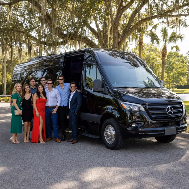 Group beside a Mercedes Sprinter limo from the Orlando fleet at the beach